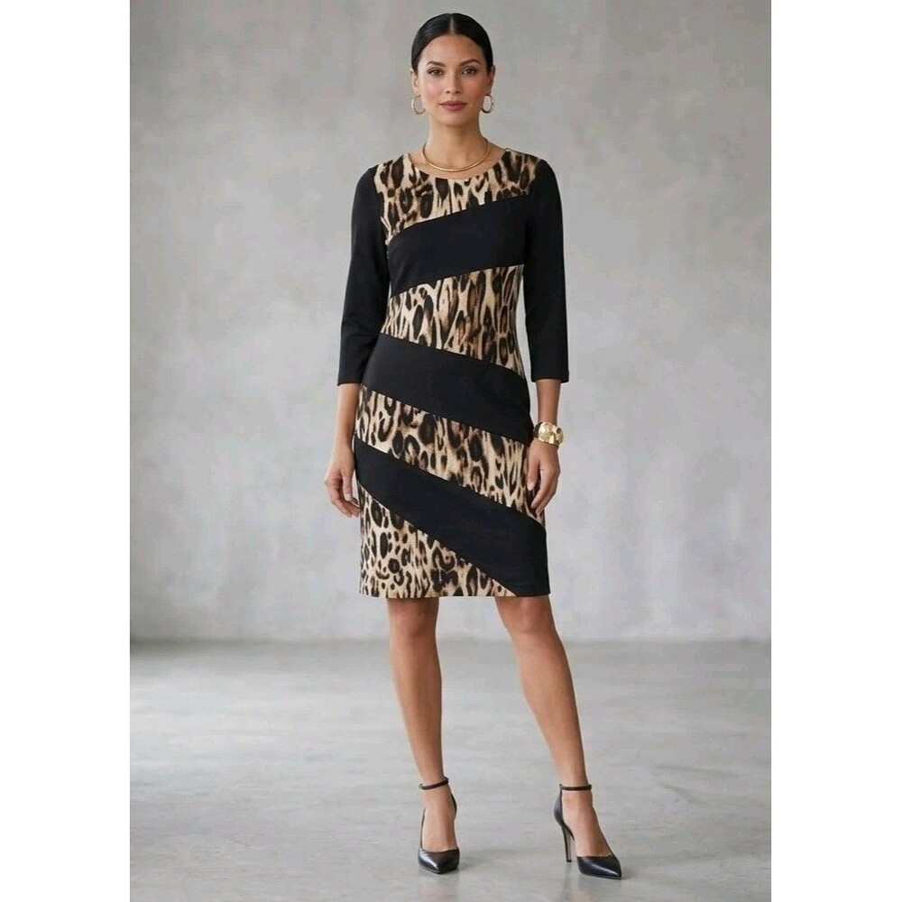 Chico's Size 1 (US 8/M) Leopard Print Black Diagonal Colorblock Sheath Dress